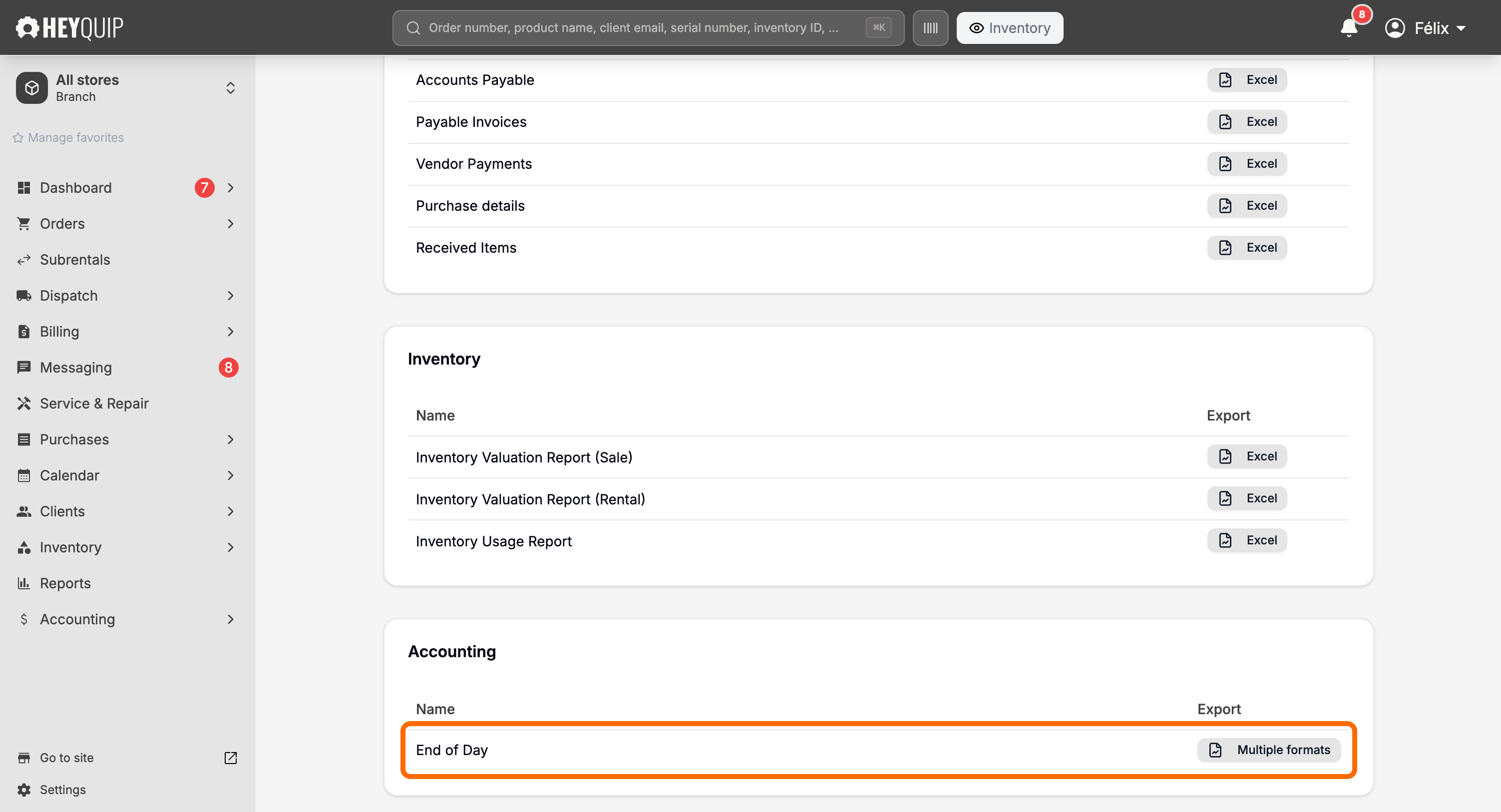 The Reports screen's Accounting group, with the End of Day row highlighted