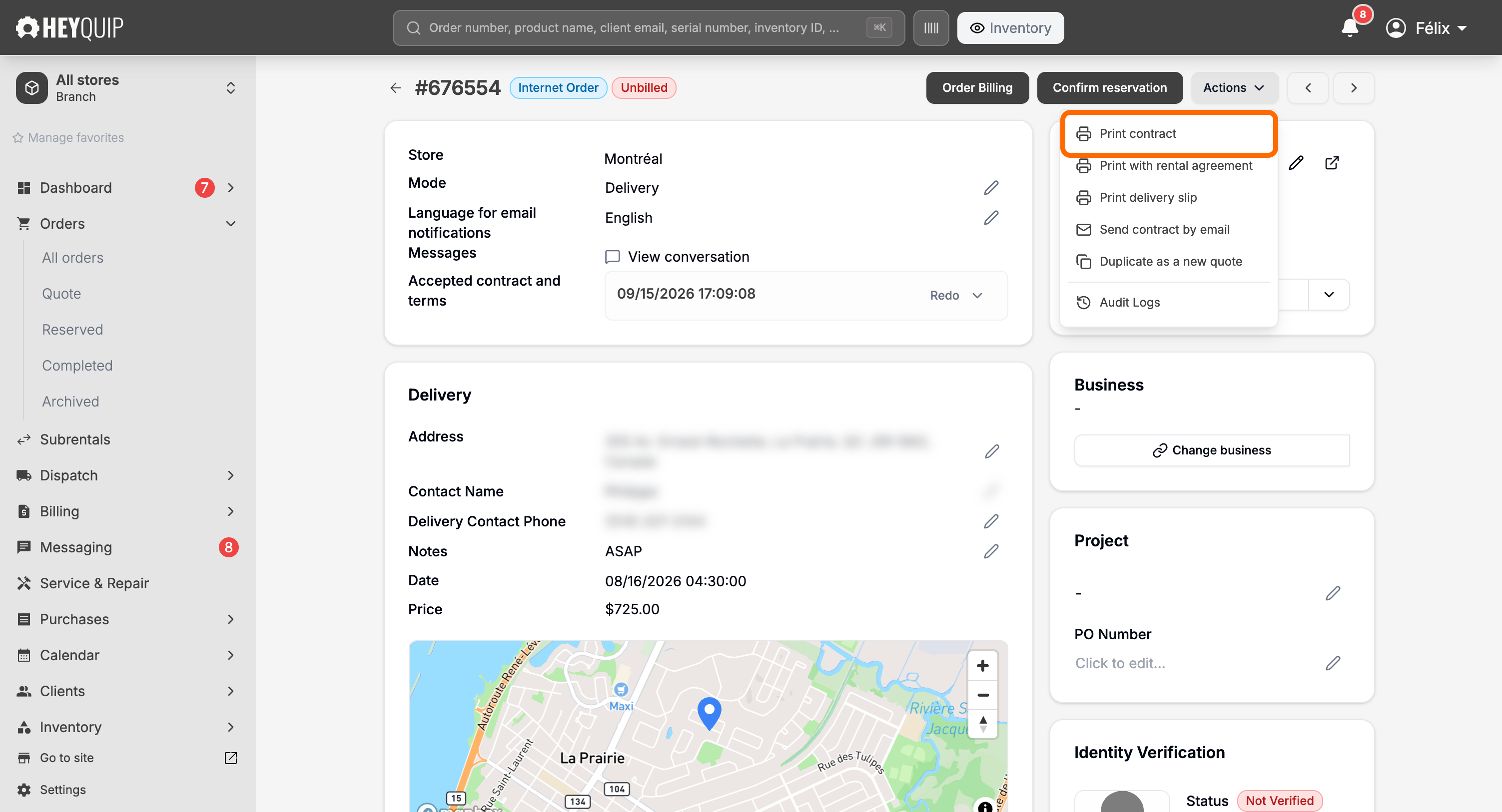 An Internet Order's Actions menu open, without a Toggle quote option