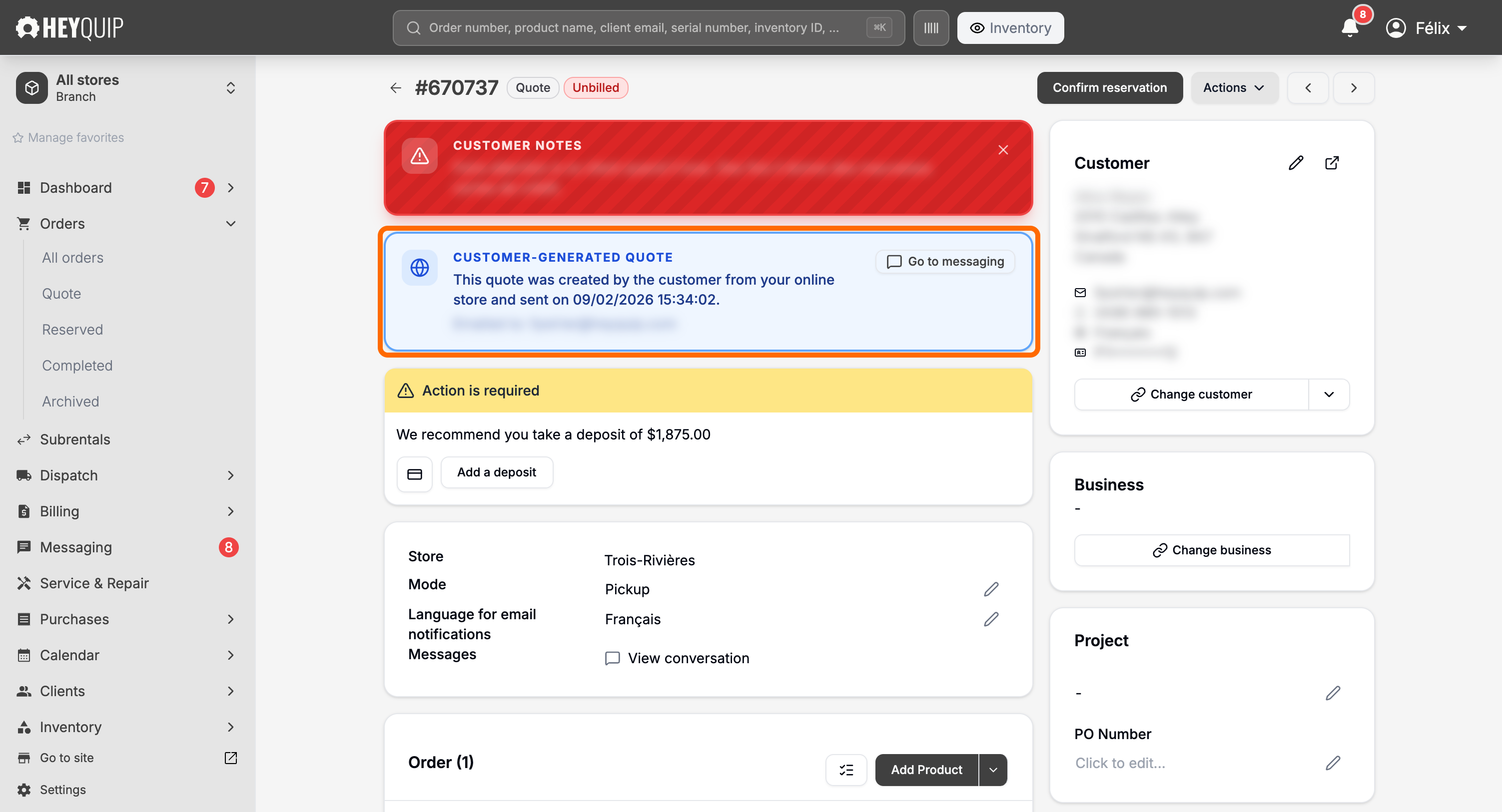 An online quote's blue CUSTOMER-GENERATED QUOTE banner