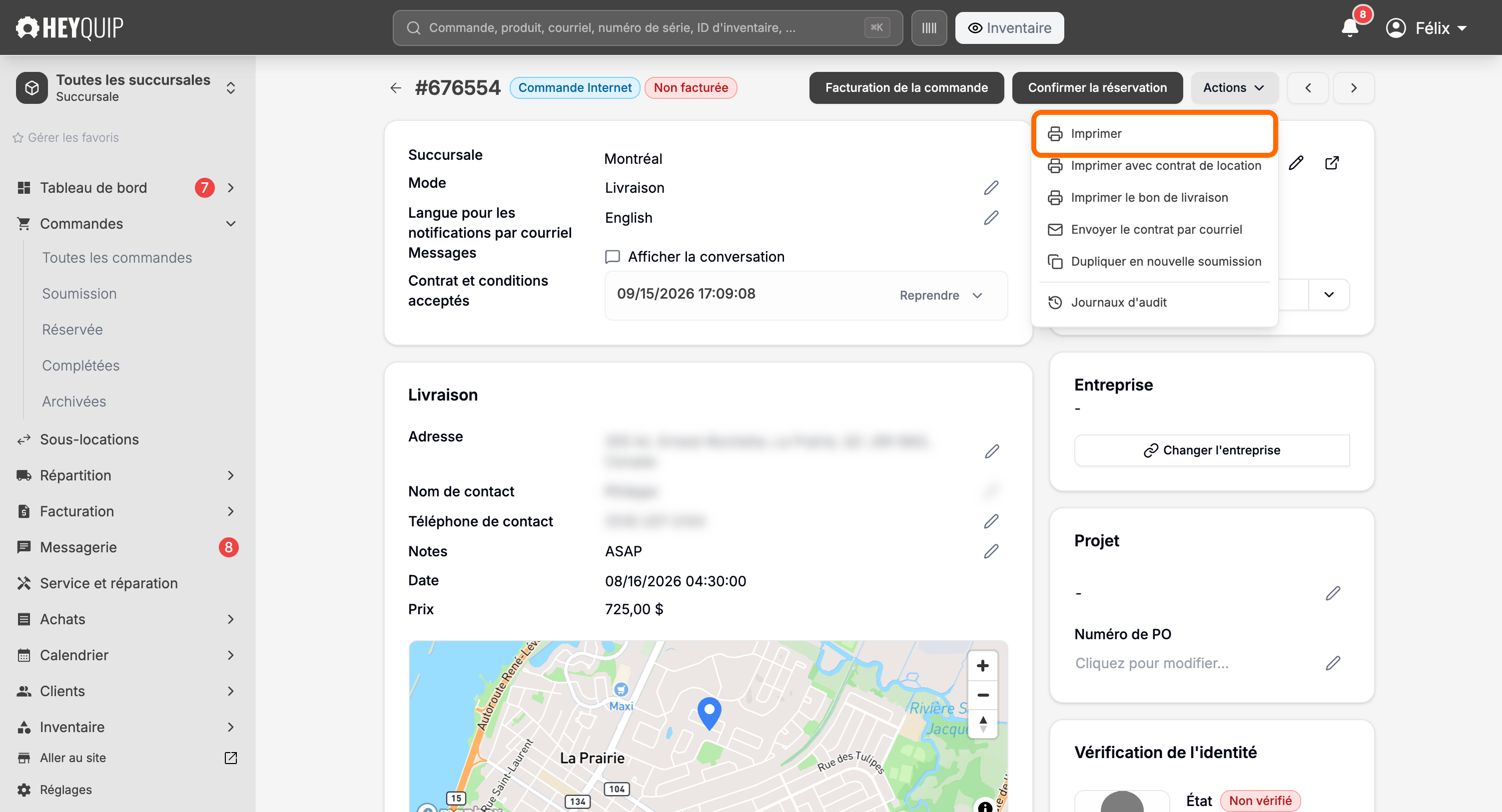 Le menu Actions ouvert sur une Commande Internet, sans option Basculer en soumission