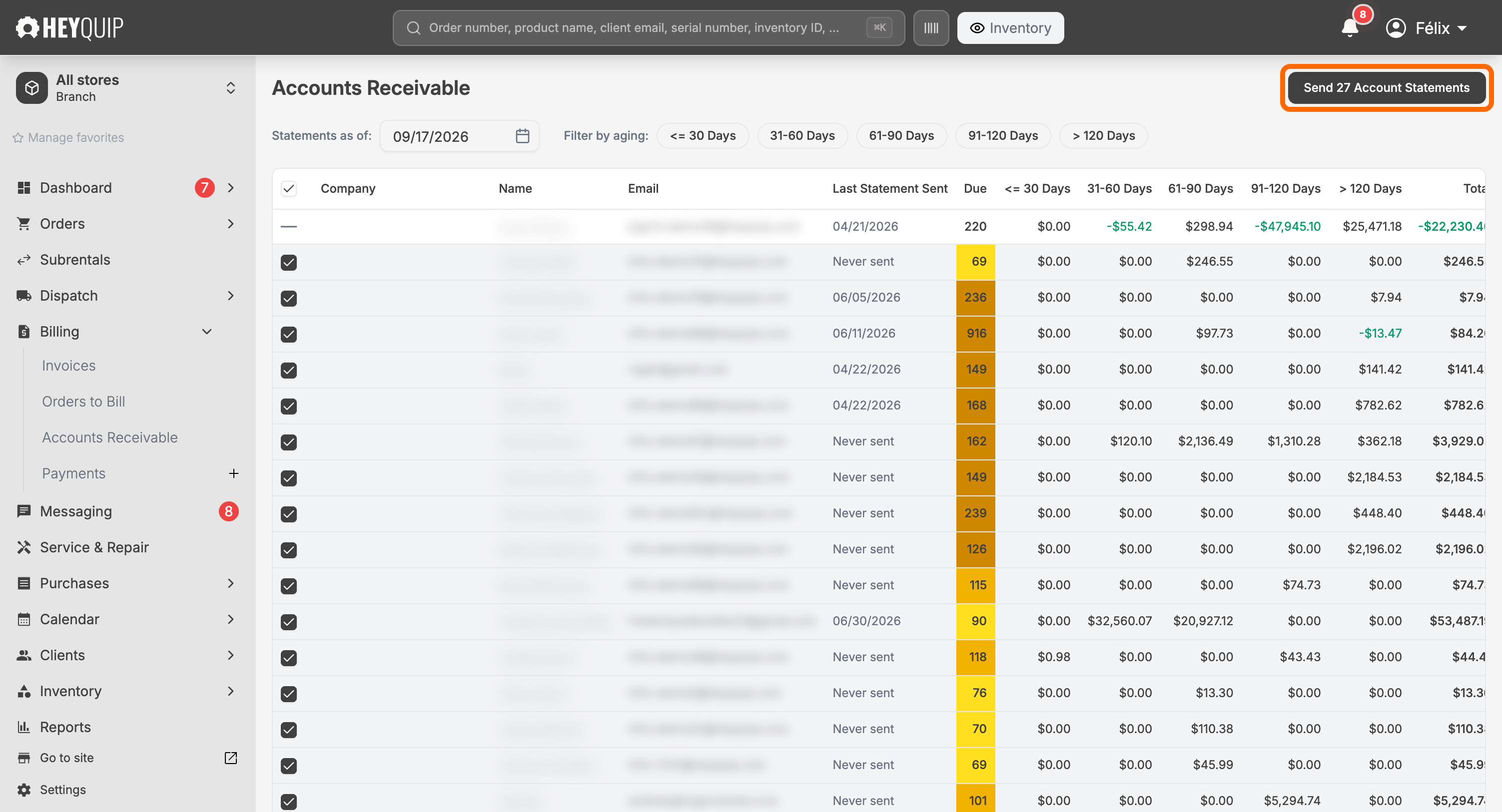 The Accounts Receivable screen with the Send Account Statements button