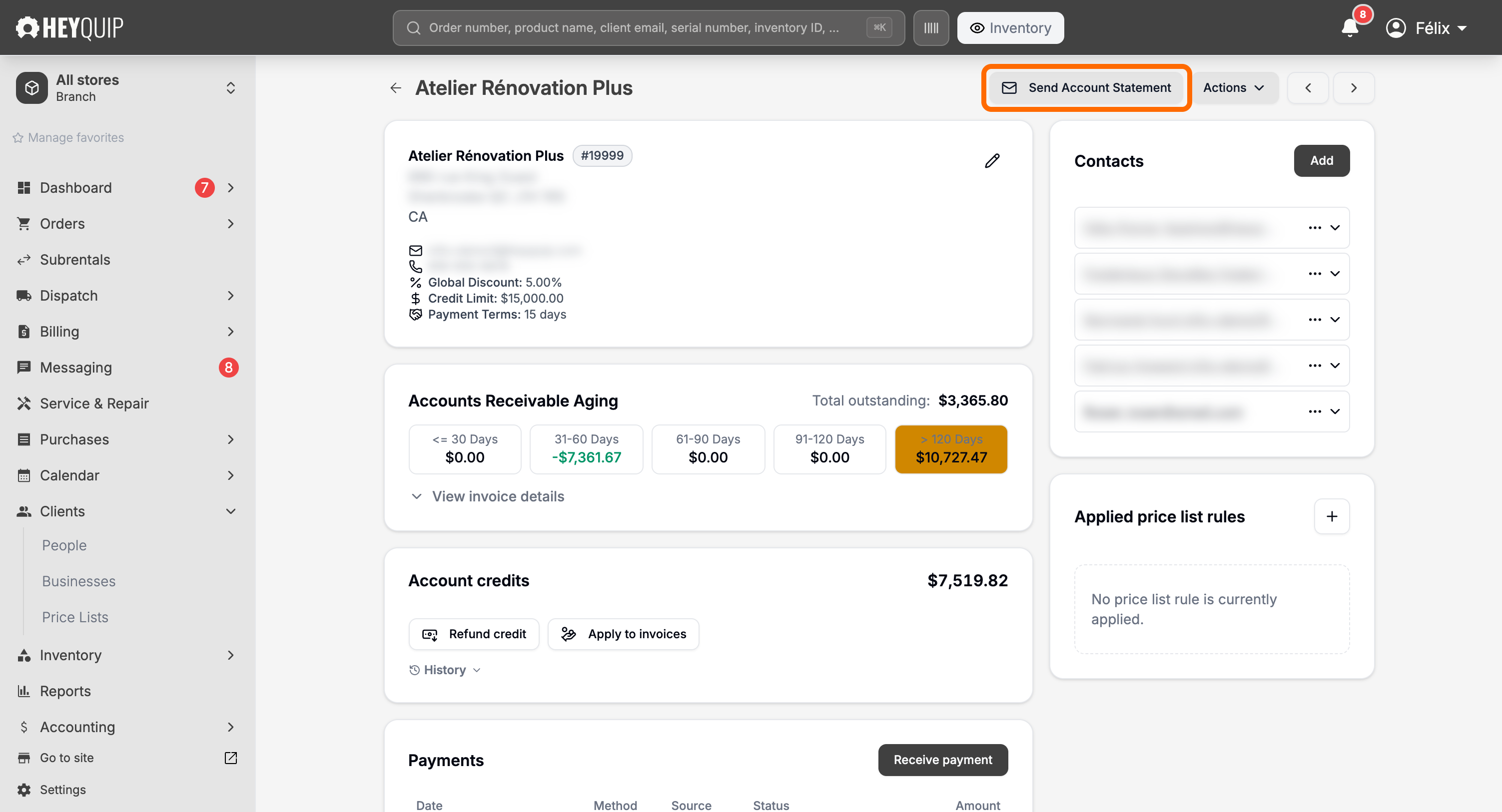 A business record's header with the Send Account Statement button