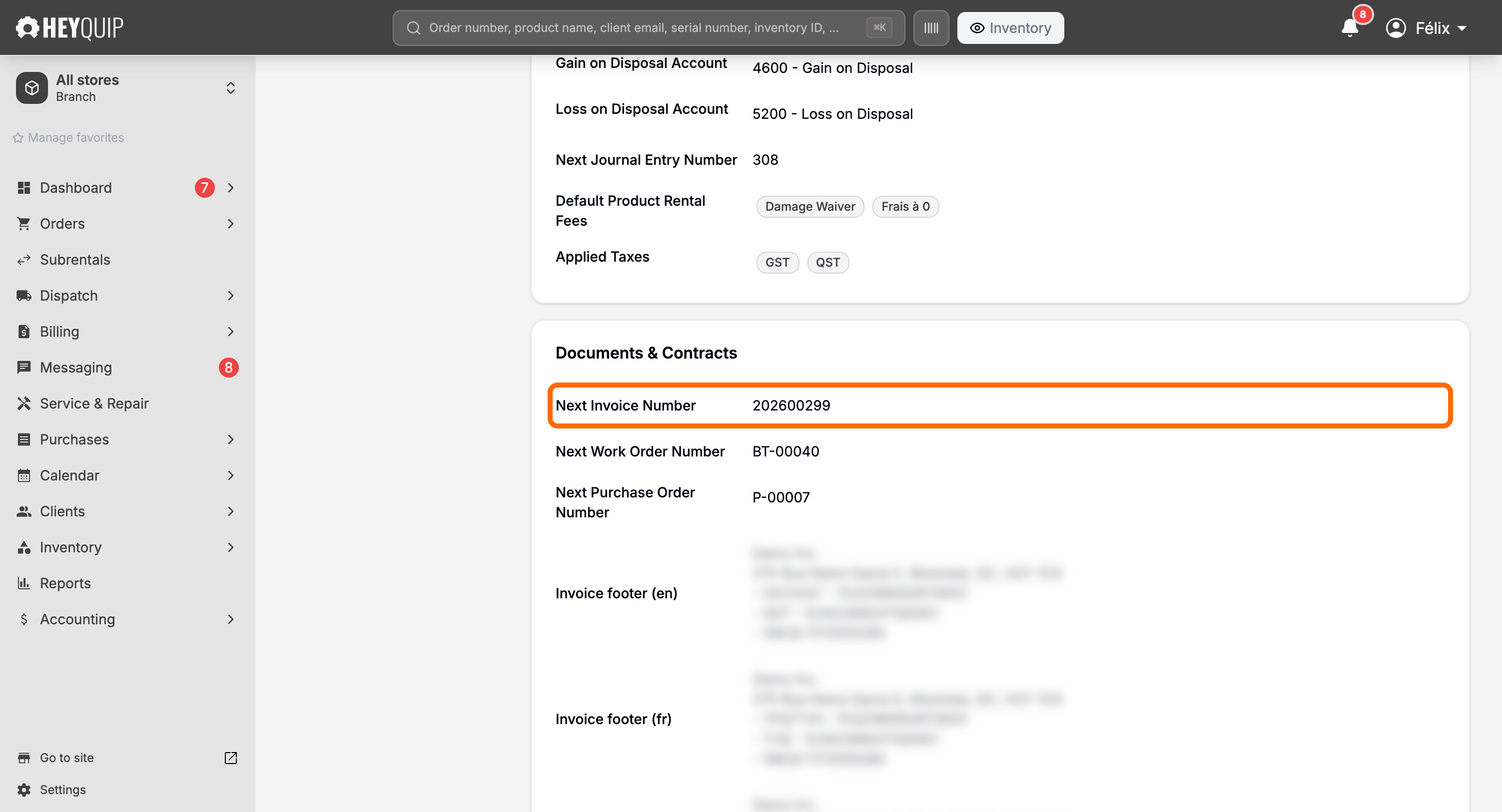 Settings > Parameters scrolled to Documents & Contracts, where the next invoice number and footer text are set