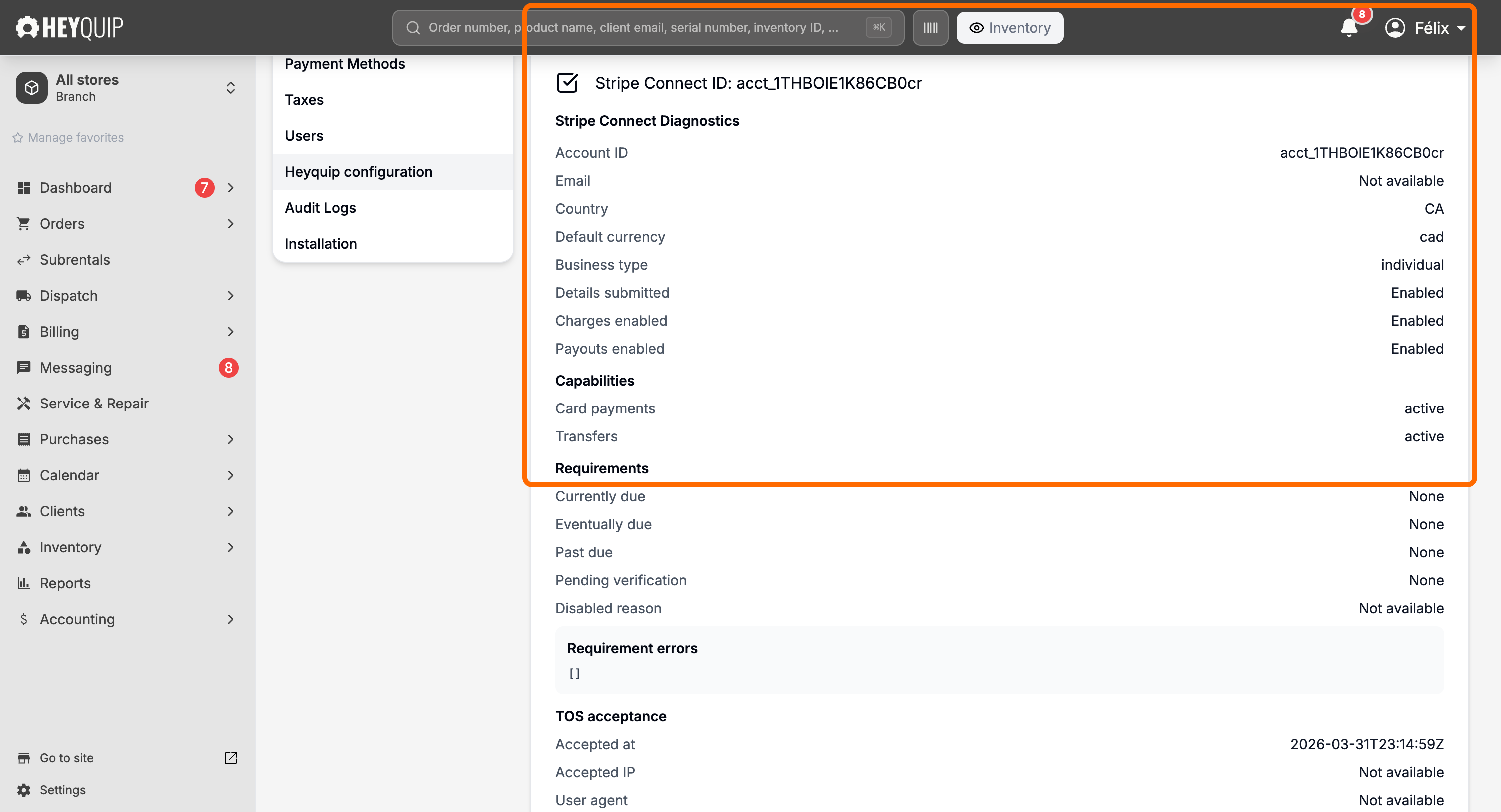 Settings > Heyquip configuration, showing the Stripe Connect diagnostics used to confirm a shop can get paid