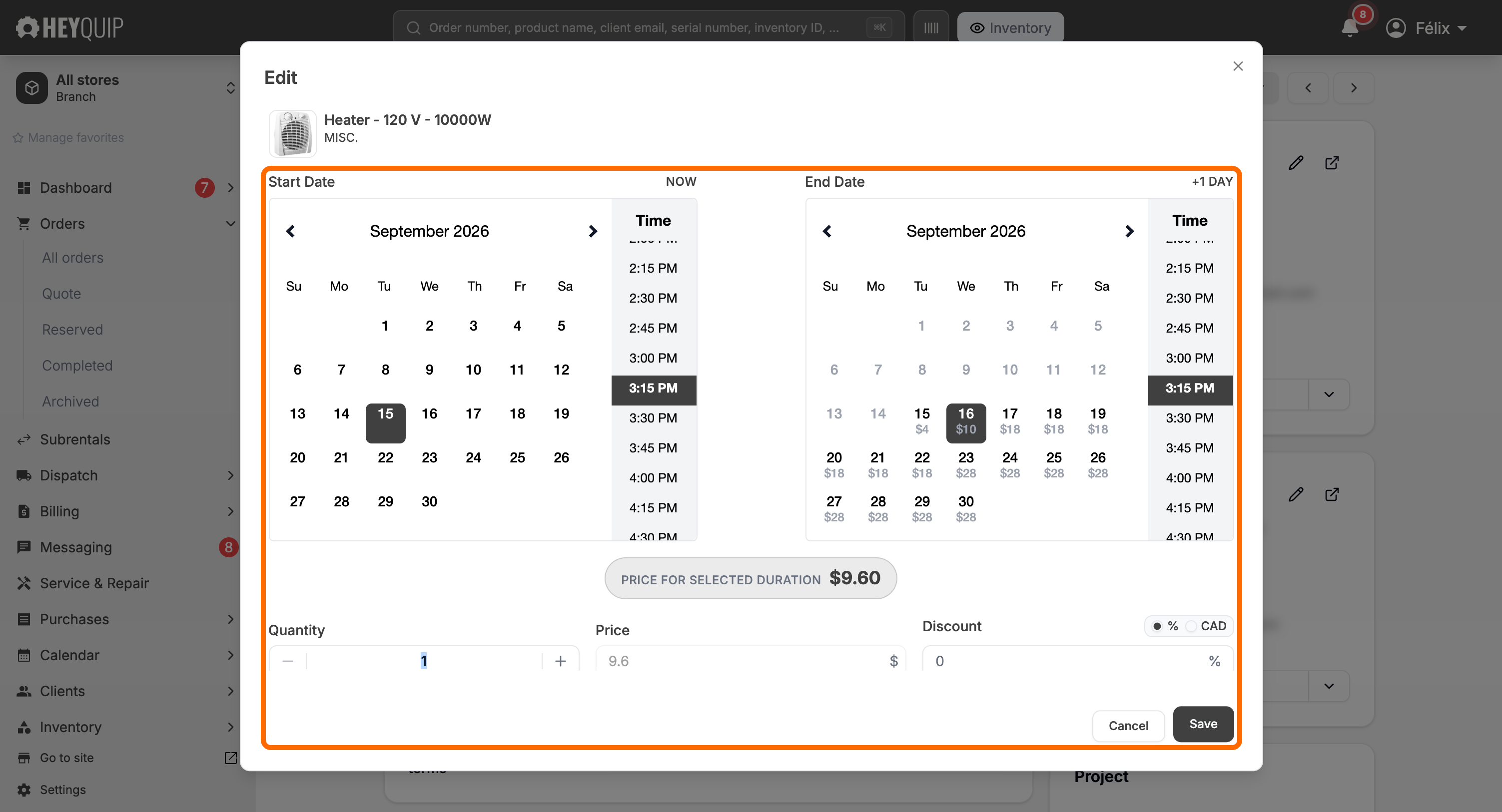 The line's Edit window with the End Date calendar's running price and the Save button