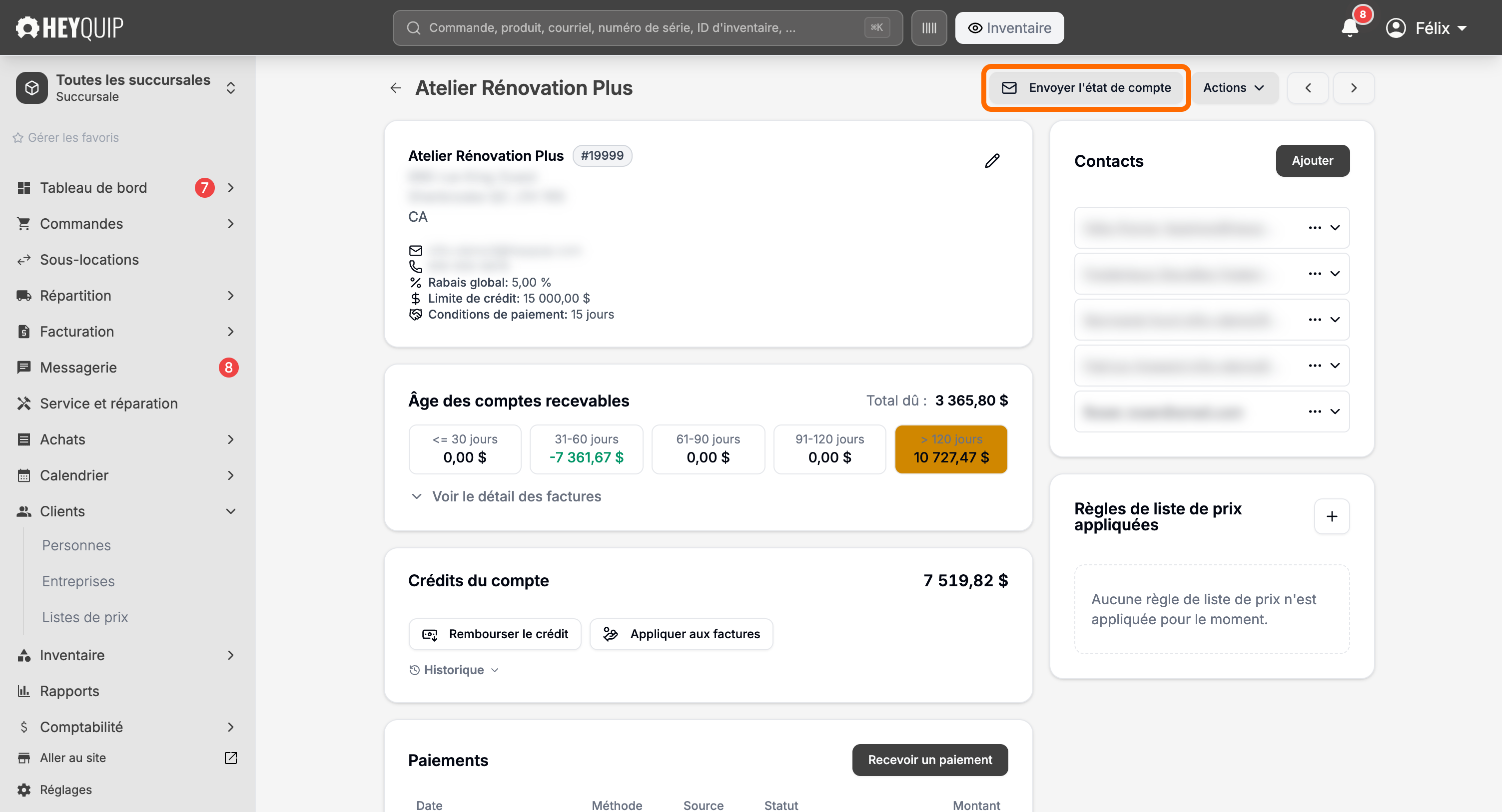 L'en-tête d'une fiche entreprise avec le bouton d'envoi d'un relevé de compte