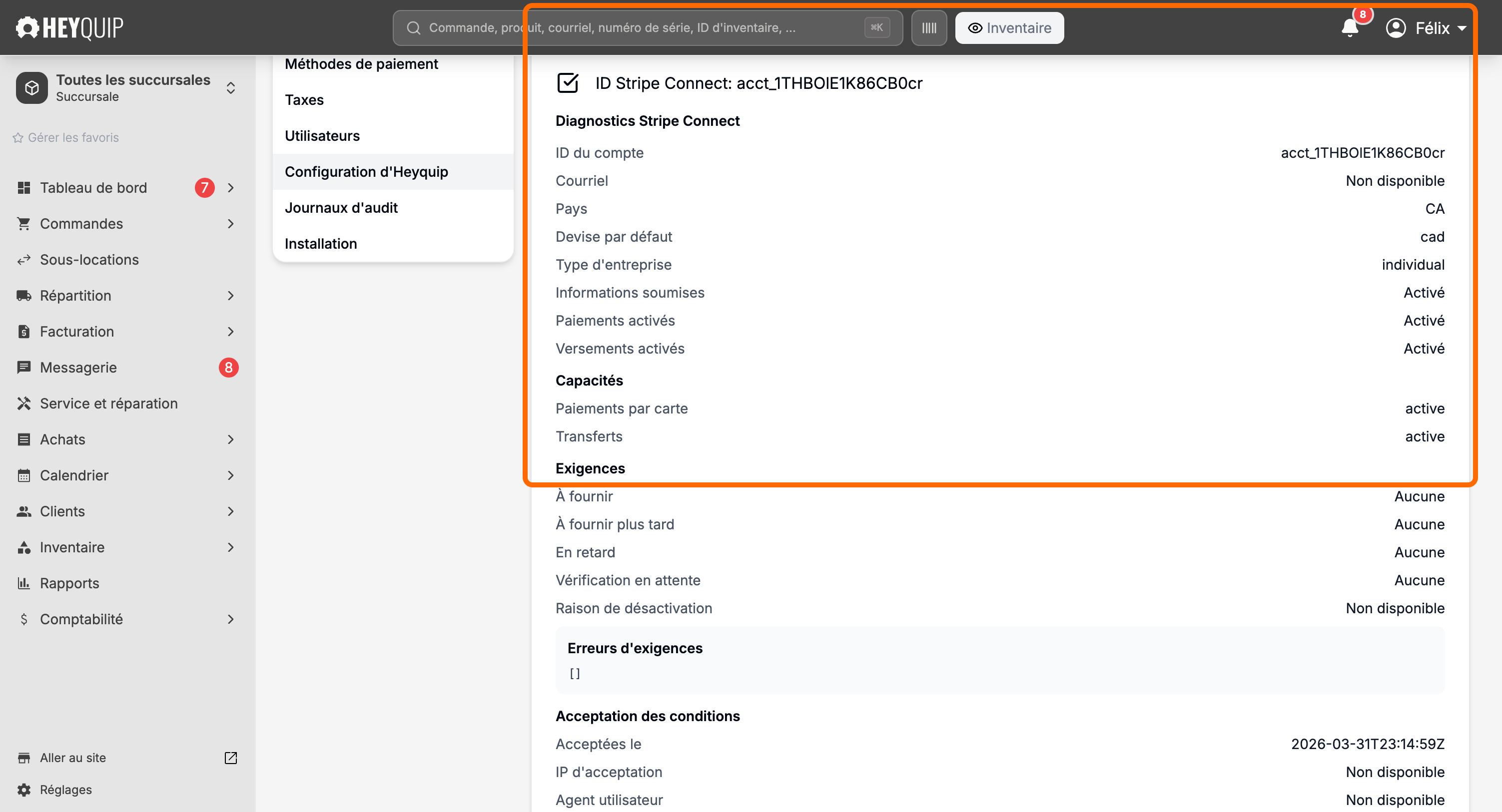 Réglages > la section Heyquip configuration, avec le diagnostic Stripe Connect qui confirme que la boutique peut être payée