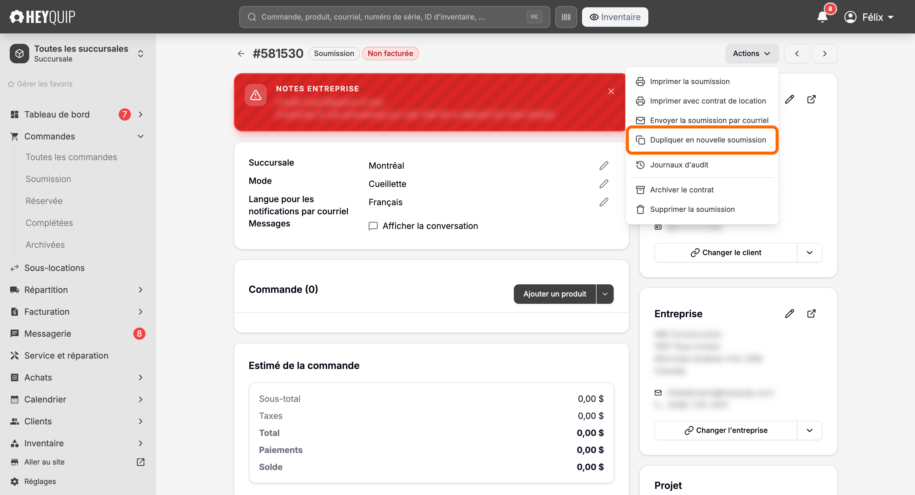 Le menu Actions ouvert sur une soumission, avec l'option qui la duplique en nouvelle soumission encadrée