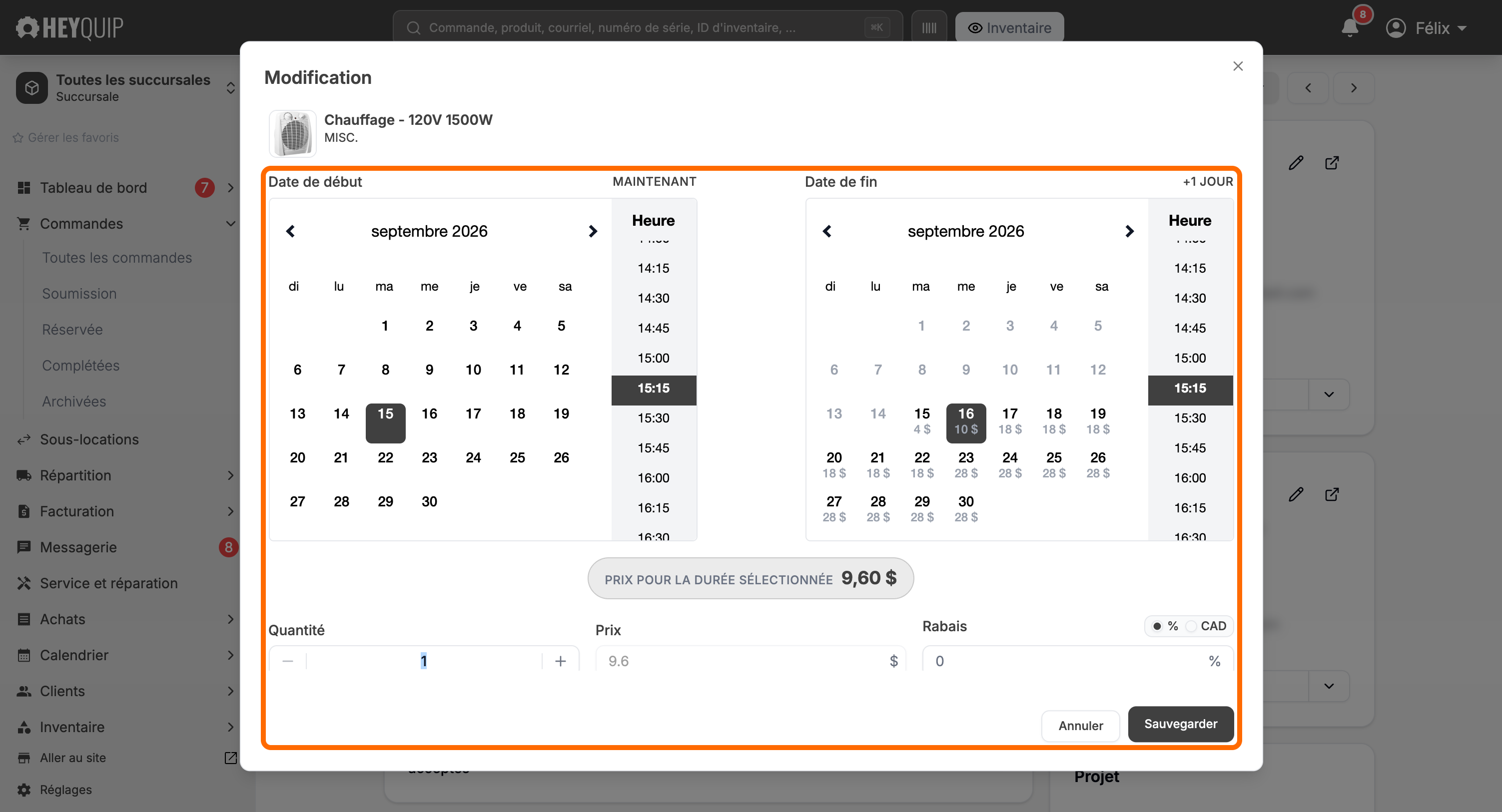 La fenêtre de modification de la ligne, avec le prix courant du calendrier de fin et le bouton Sauvegarder