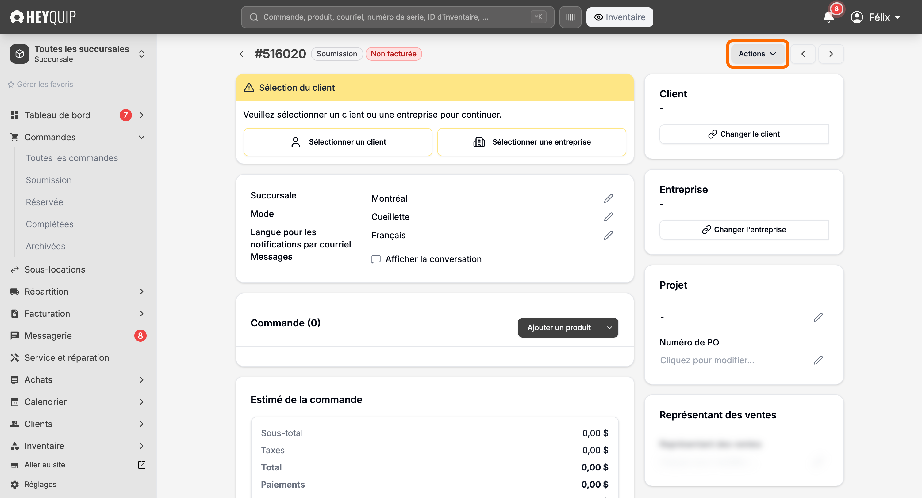 Une soumission avec le bouton Actions encadré