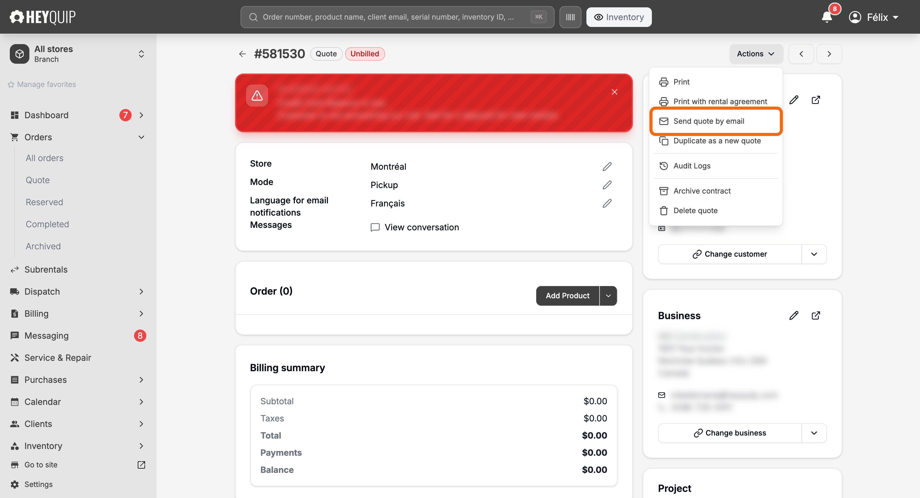 The quote's Actions menu open, with Send quote by email highlighted