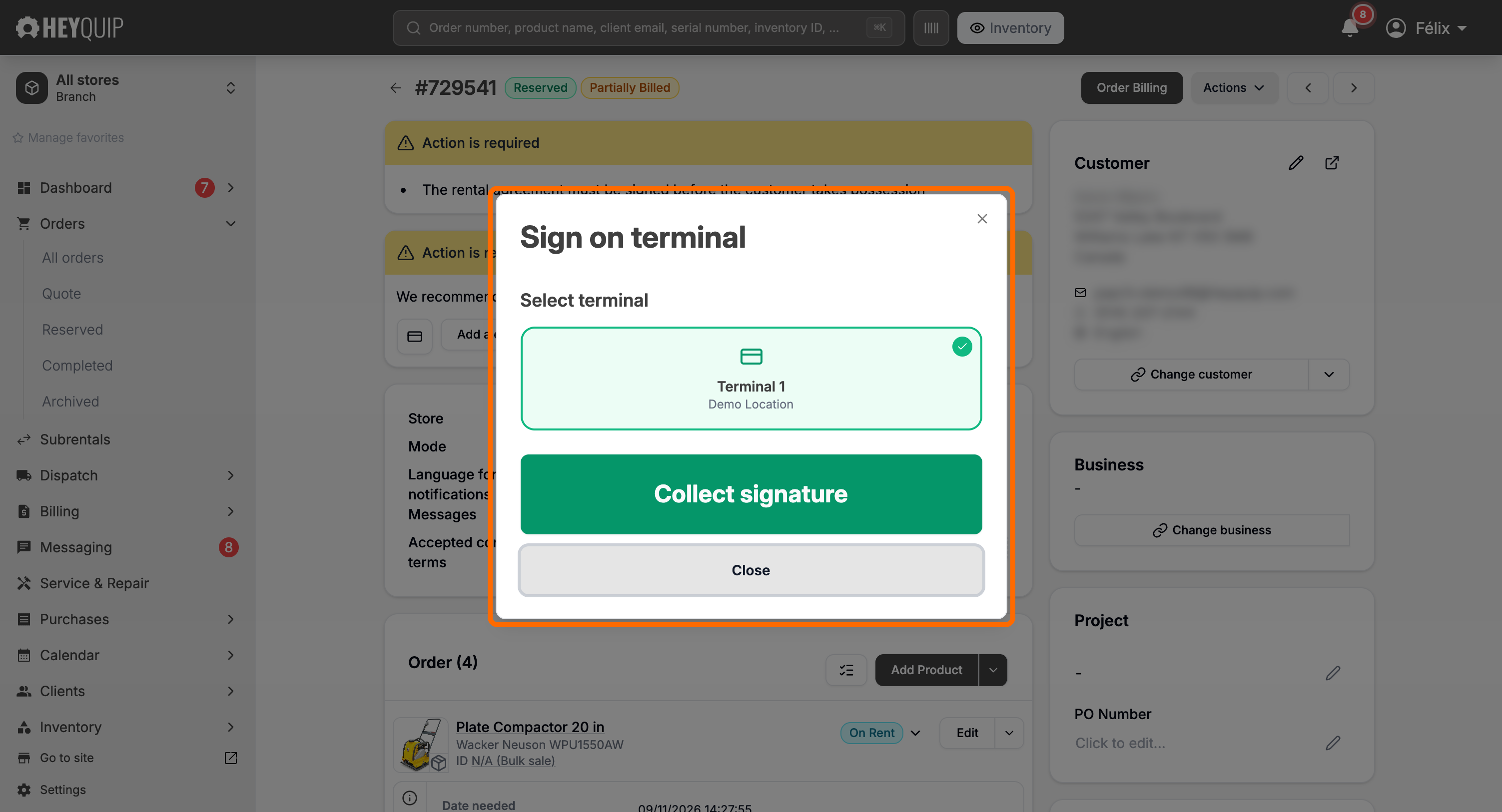 The Sign on terminal window, with the single paired terminal already selected and the Collect signature button