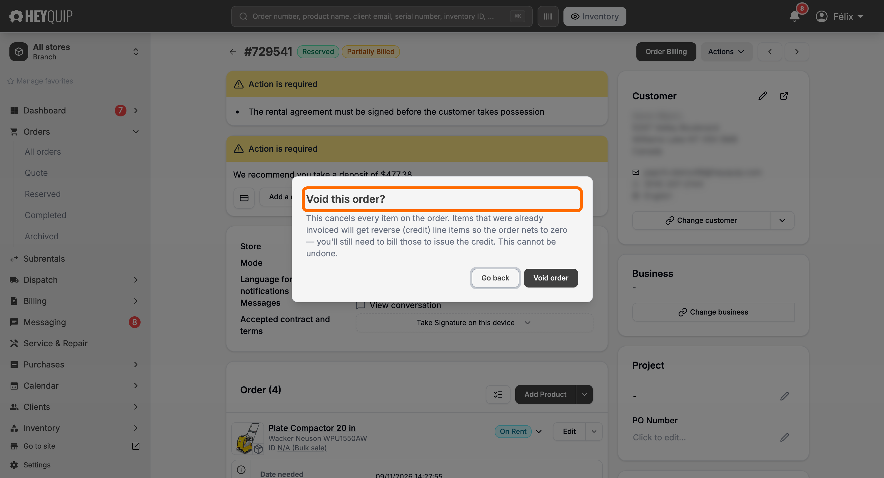 The Void this order confirmation dialog, warning the action cannot be undone