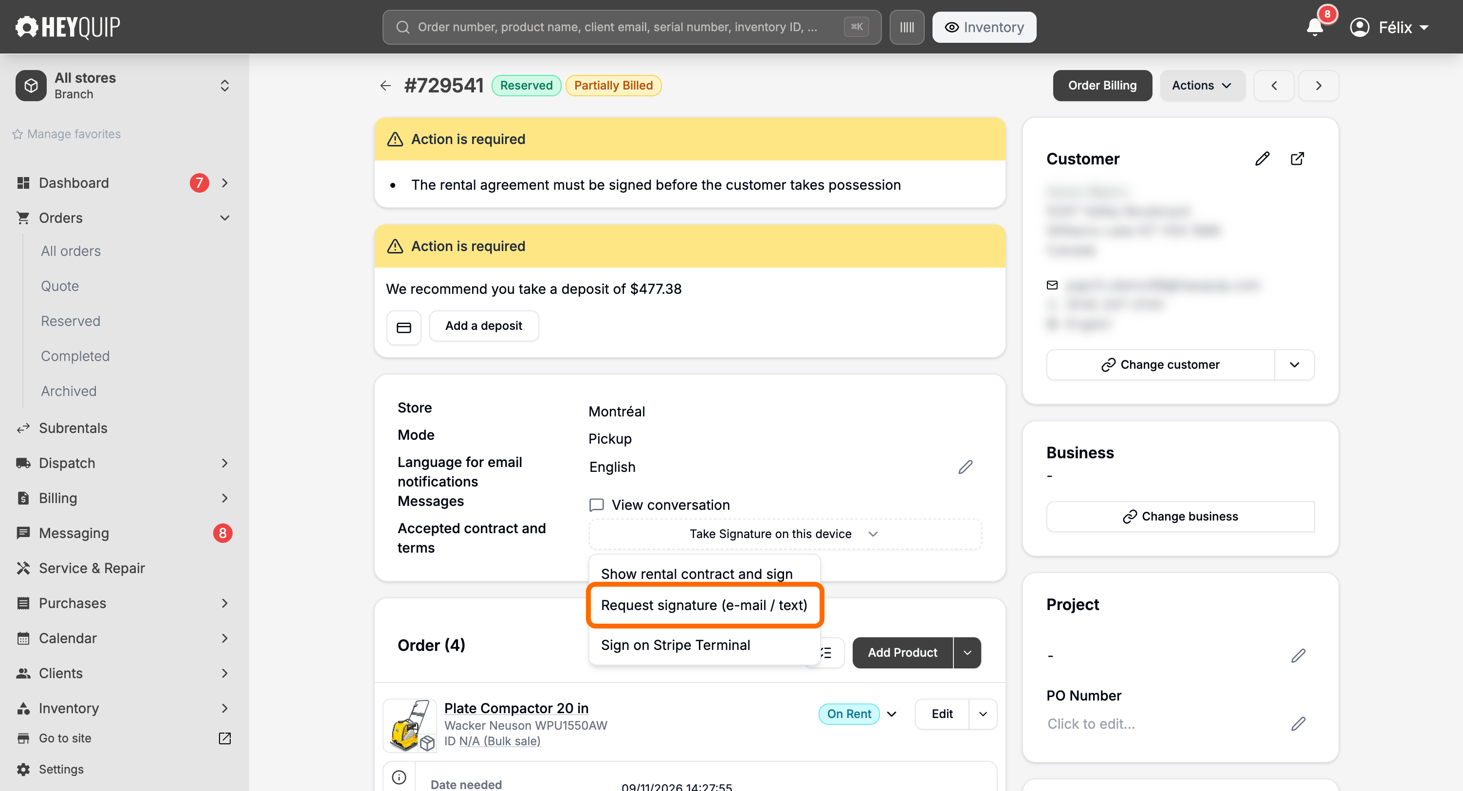 The signature caret's dropdown open, with Request signature (e-mail / text) highlighted among the three options