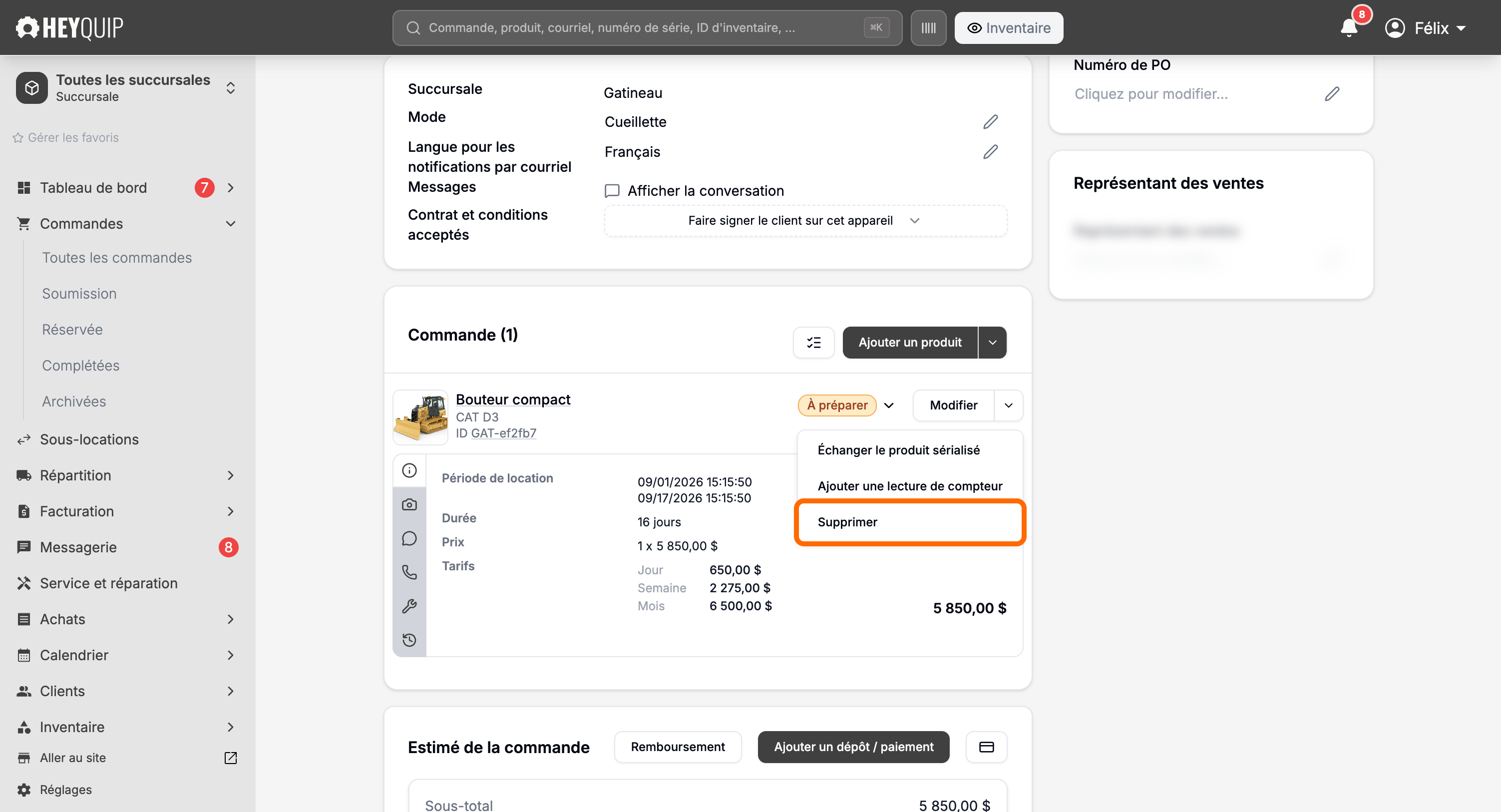 Le menu de la flèche ouvert à côté de Modifier sur une ligne, avec Supprimer encadré
