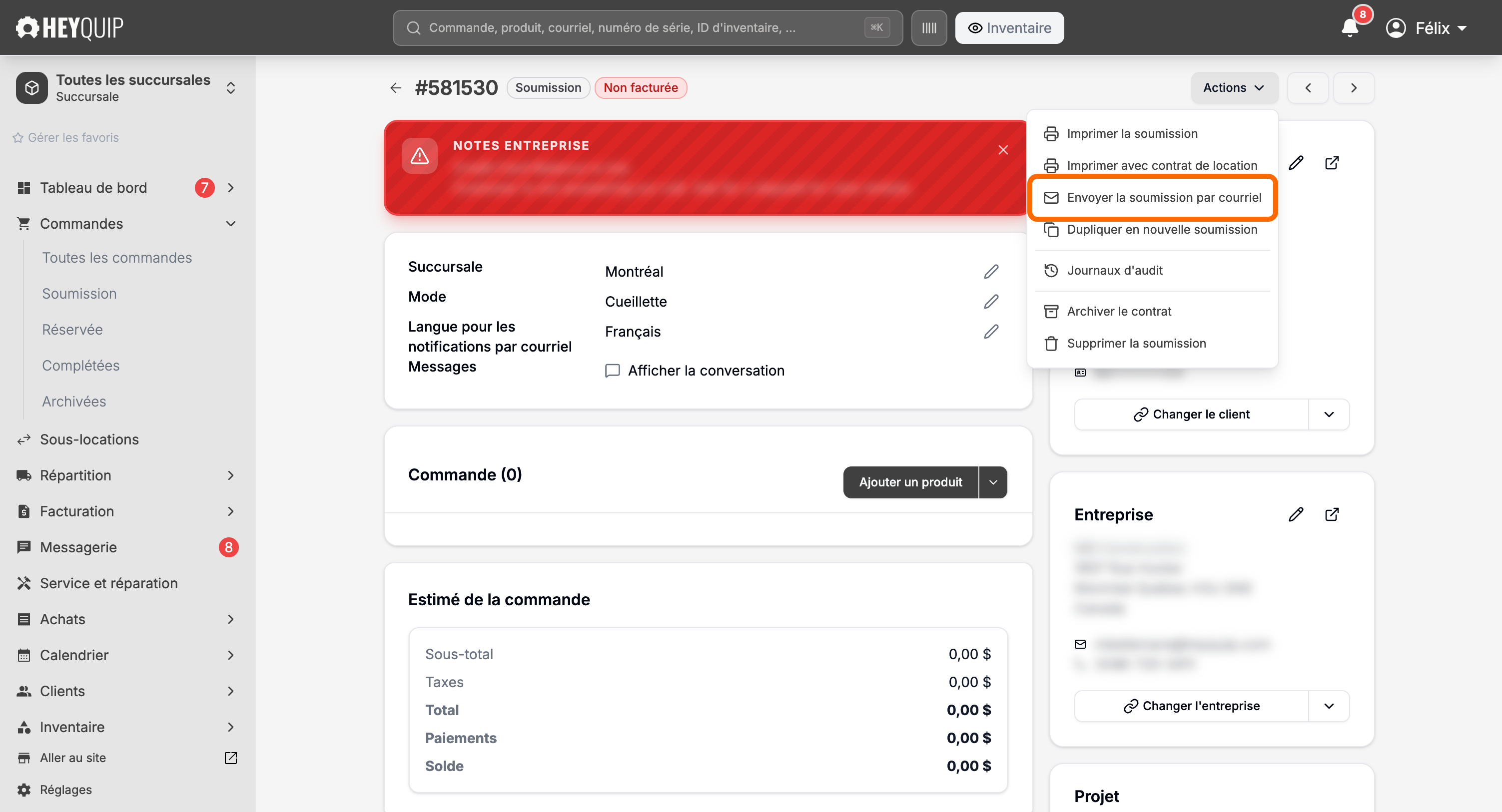 Le menu Actions de la soumission ouvert, avec Envoyer la soumission par courriel encadré