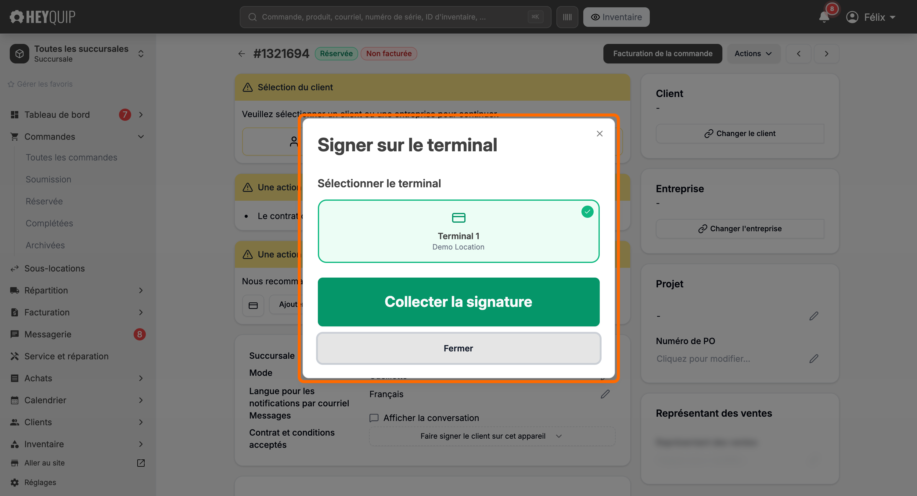 La fenêtre Signer sur le terminal, avec l'unique terminal jumelé déjà sélectionné et le bouton Collecter la signature