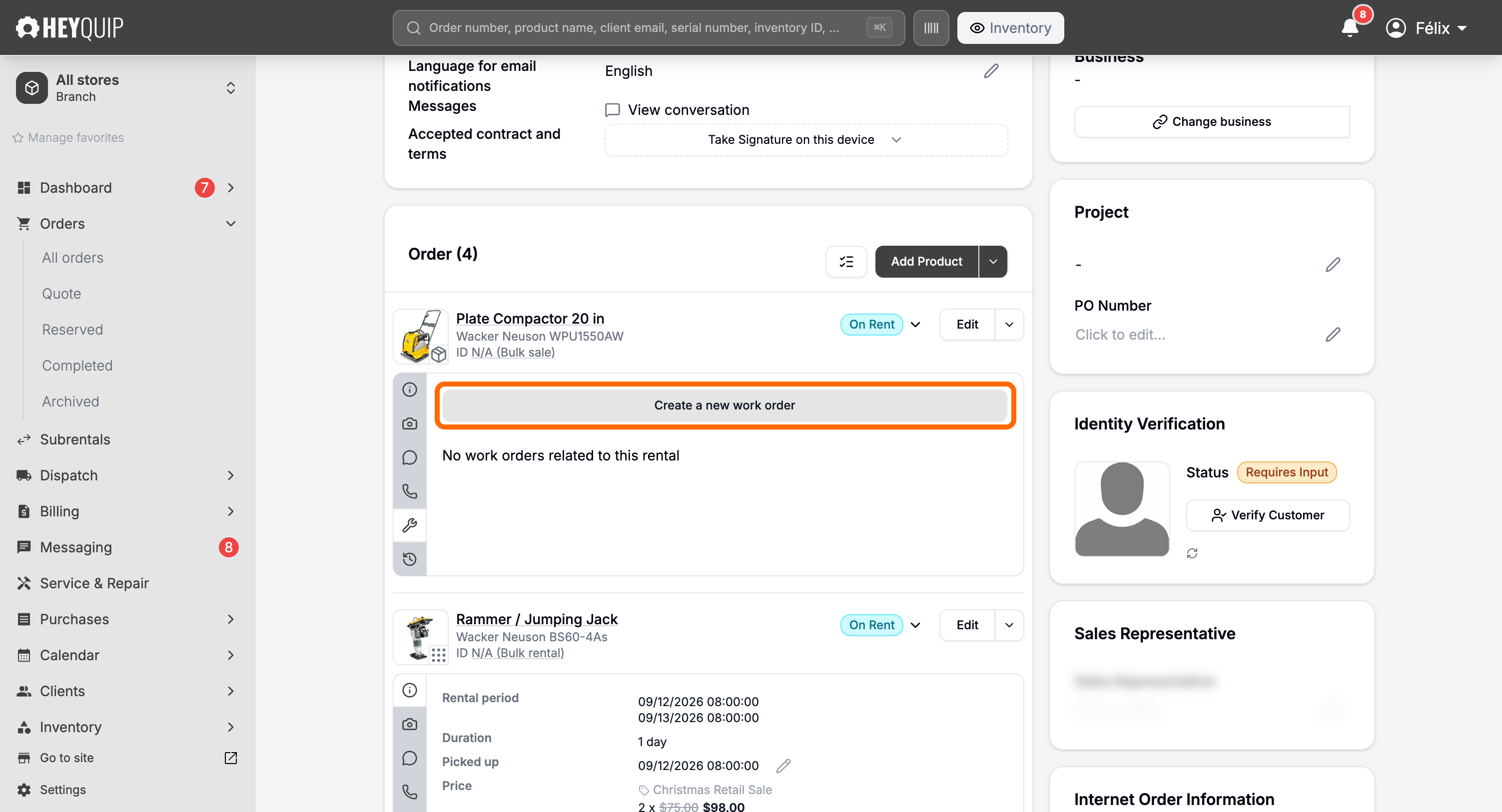 The line's Work orders section with the Create a new work order button highlighted