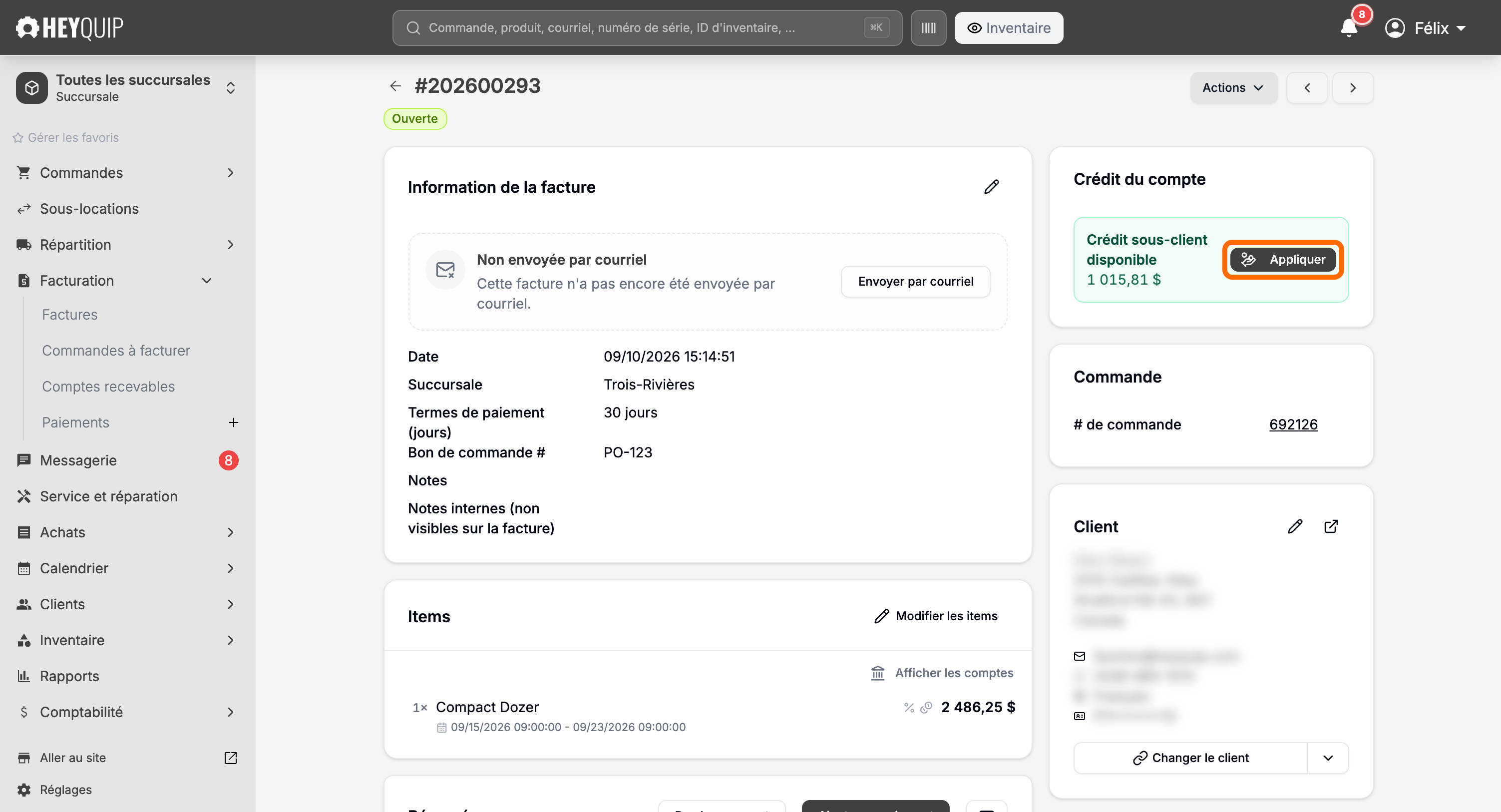La carte Crédit du compte d'une facture, montrant le solde disponible et le bouton Appliquer qui le règle sur la facture