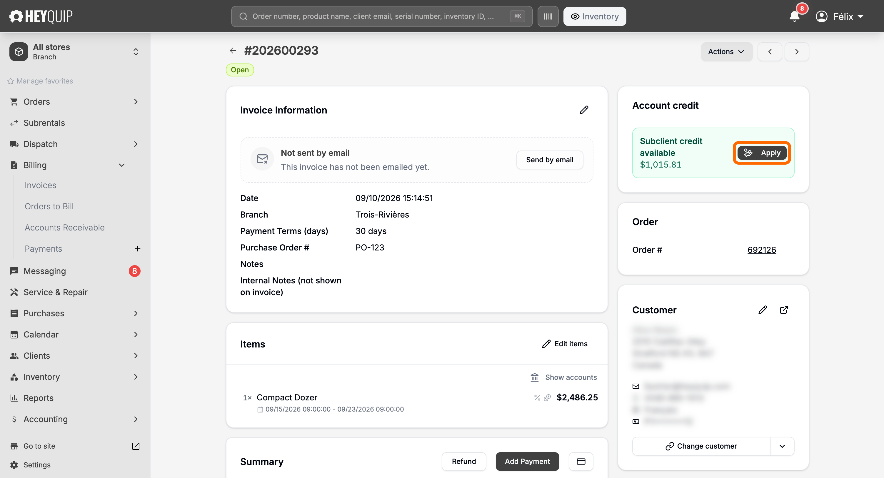 An invoice's Account credit card, showing the available balance and the Apply button that settles it against the invoice