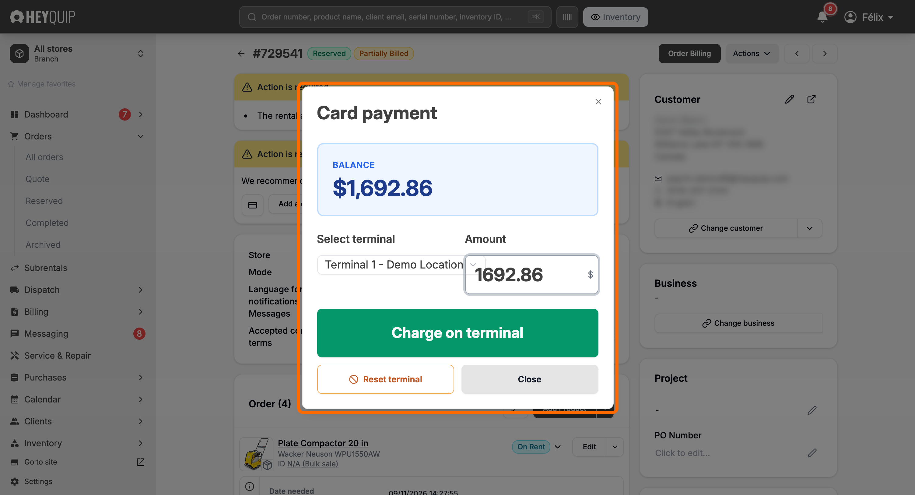 The Card payment window open on an order, with Balance, Select terminal, Amount and Charge on terminal