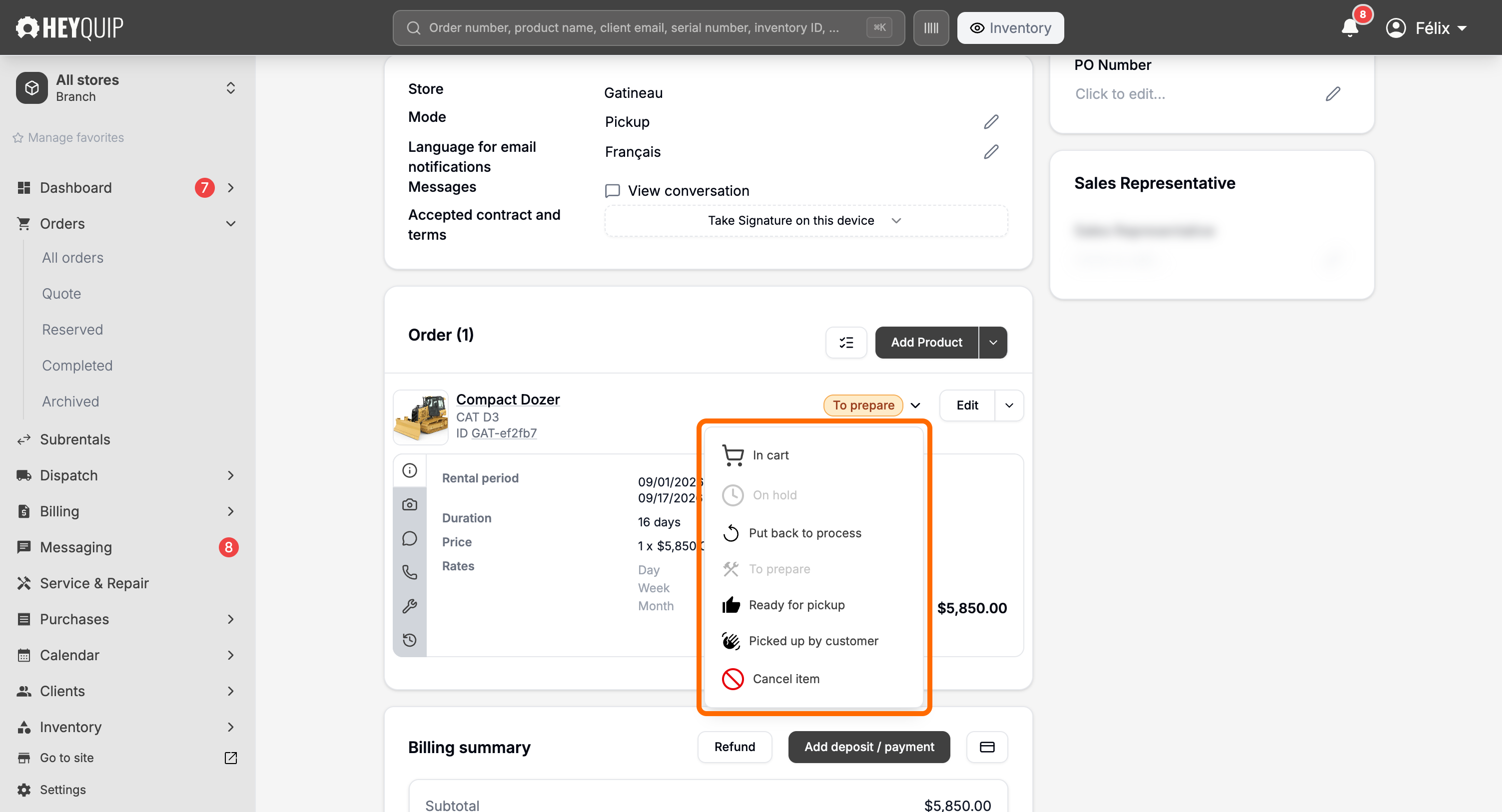 The line's state menu open on an order, showing every transition an item can be moved to