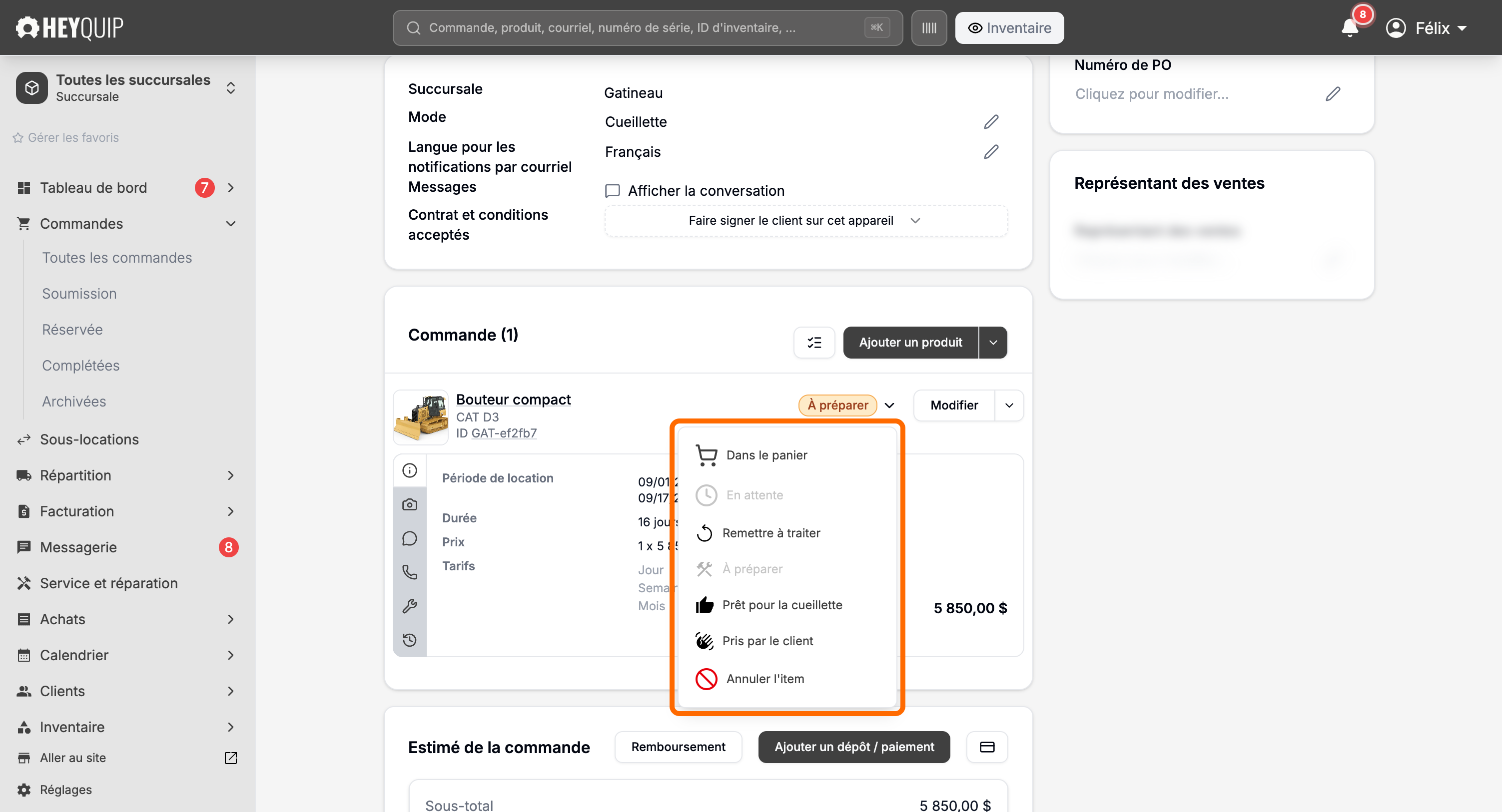 Le menu d'état d'une ligne ouvert sur une commande, montrant toutes les transitions possibles pour un item