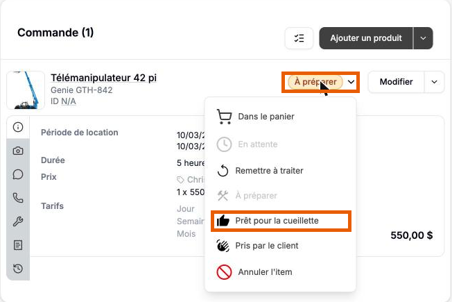 A product's state menu on the order, with Ready for pickup highlighted