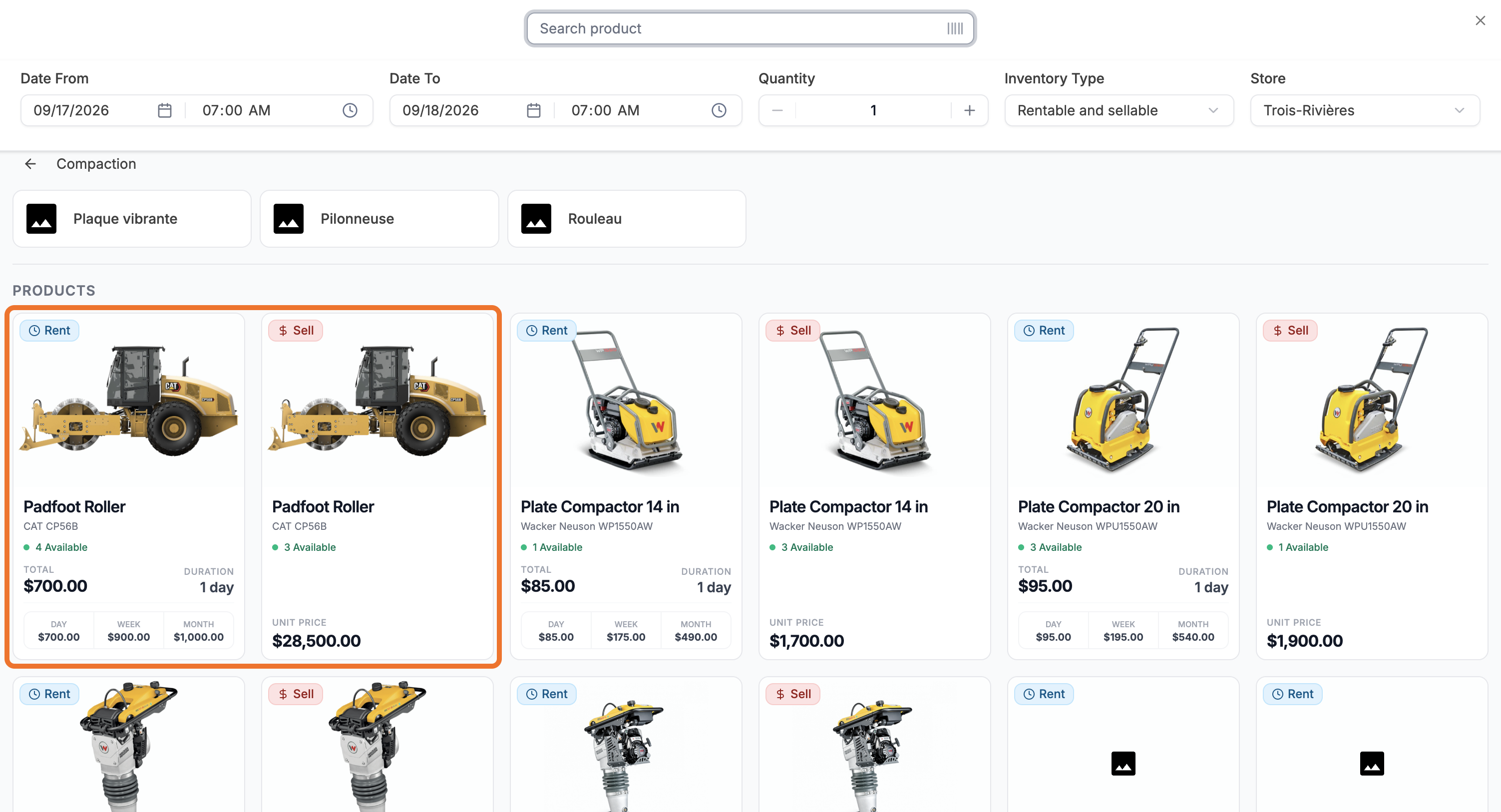 Two catalogue product cards, Rent and Sell, with the available count and the price