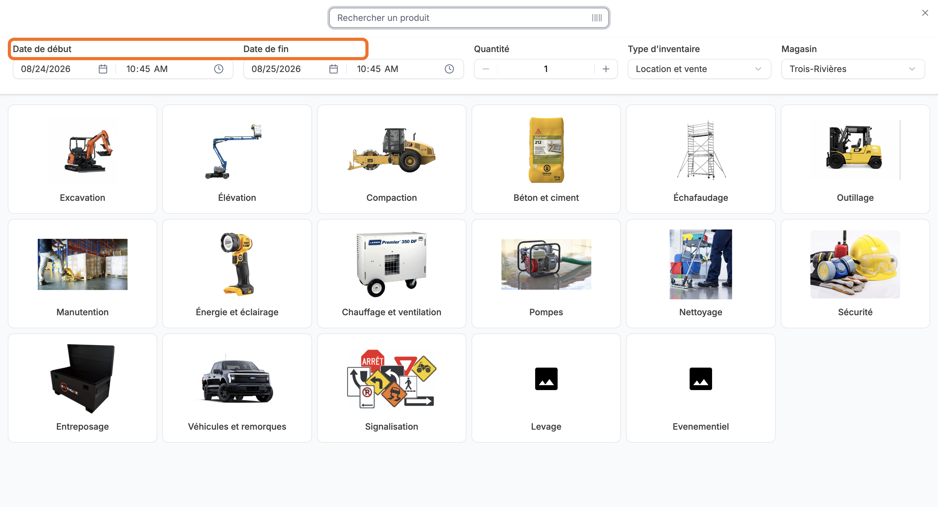 Le catalogue atteint depuis Inventaire, avec les dates, la quantité, le type d'inventaire et le magasin en en-tête
