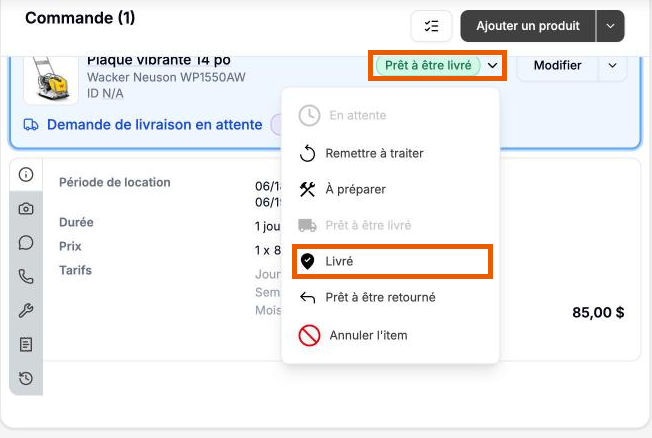 A delivery product's state menu on the order, with Delivered highlighted